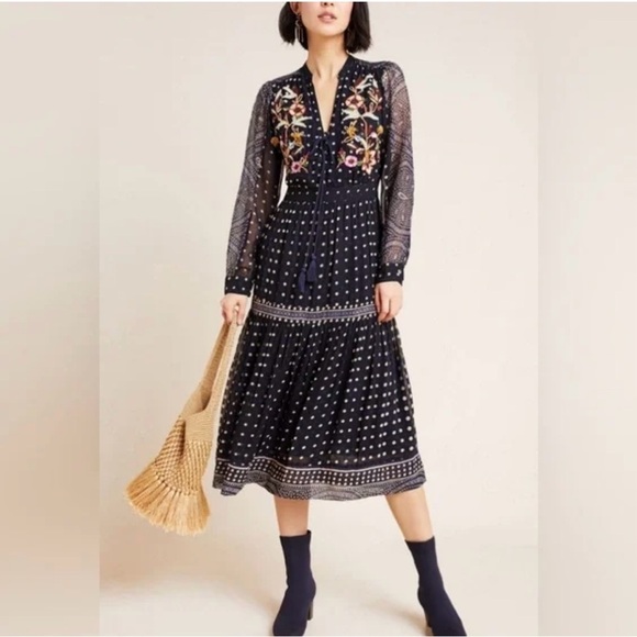 Anthropologie Maeve Cassidy Embroidered Midi Dress Sz 0 Blue Floral Polka Dot - Picture 1 of 14